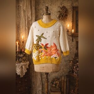 Vintage FairSet Knit Sweater | Tropical Palm Leaf | Textured Pom Pom Knit